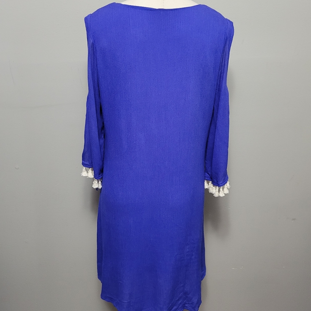 Entro blue crepe tassel crochet tassel trim shift dress size medium - Picture 5 of 7
